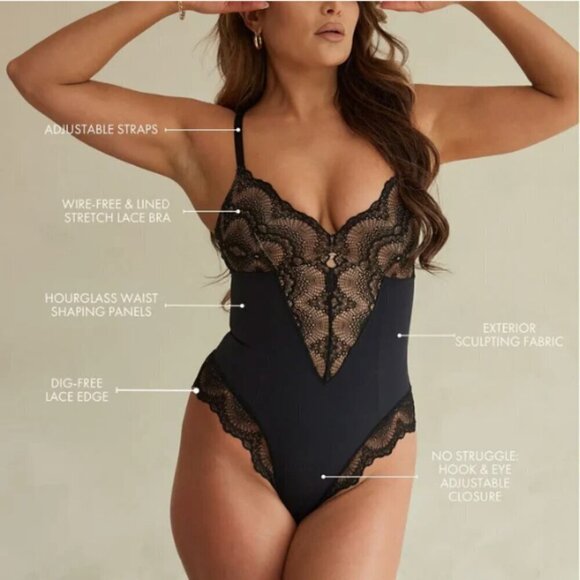 Pinsy Sculpting Lace Shapewear Bodysuit, Black, XL Long - Picture 5 of 9